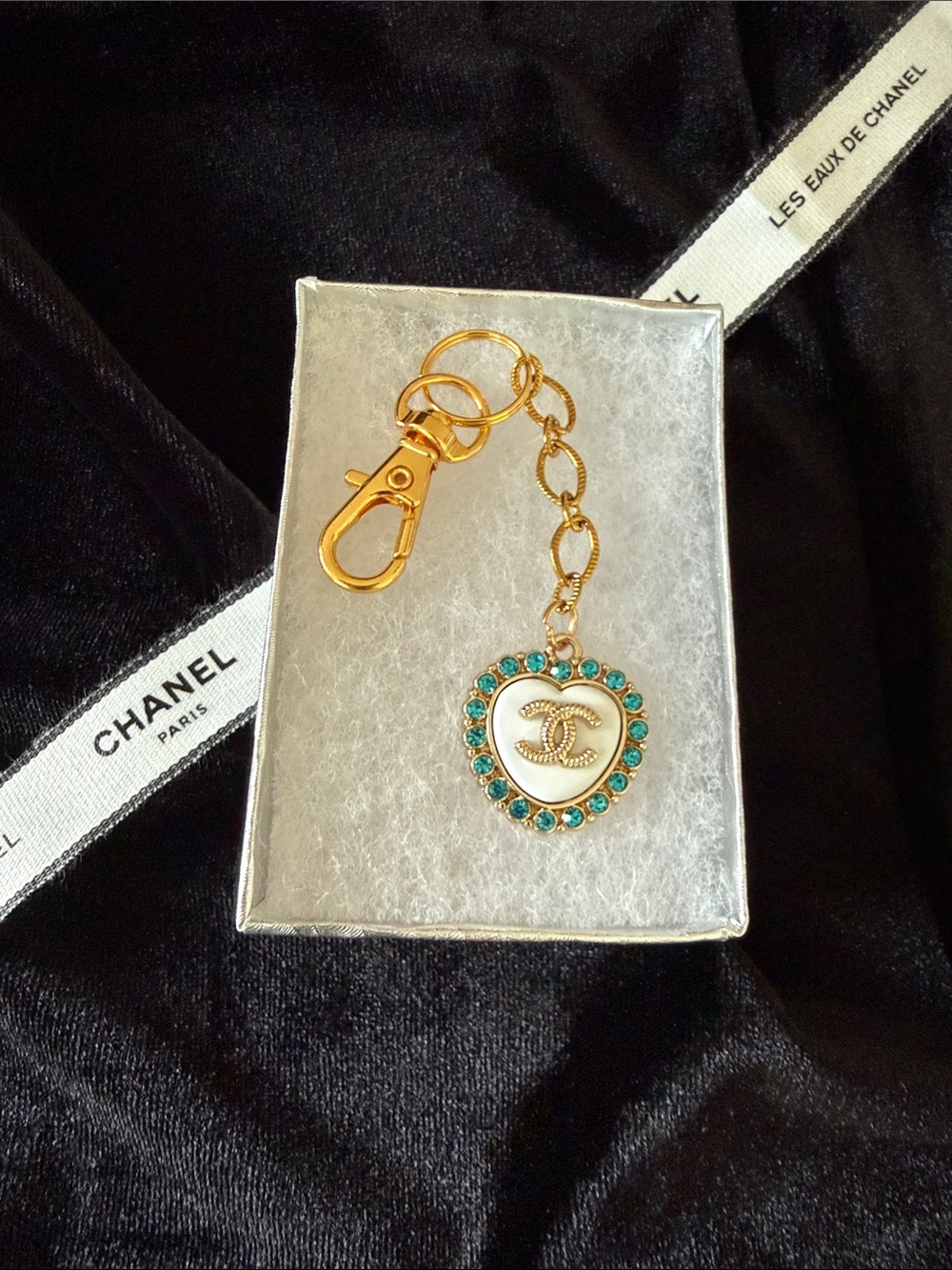 Gold-Tone Heart Key Holder with White Enamel and Green Crystals